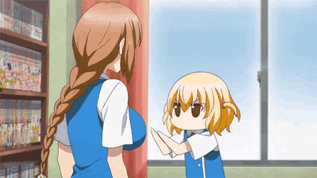 a little girl is giving a high five to a woman in a blue uniform