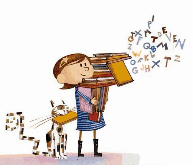 a girl is carrying a stack of books with letters coming out of her head .