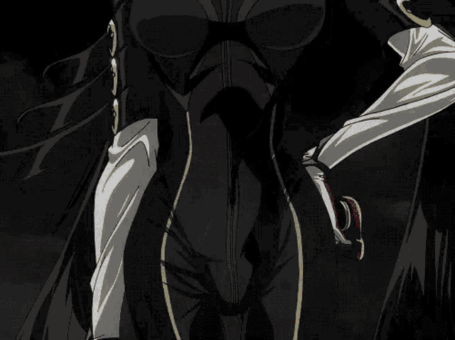 a cartoon drawing of a woman in a black outfit