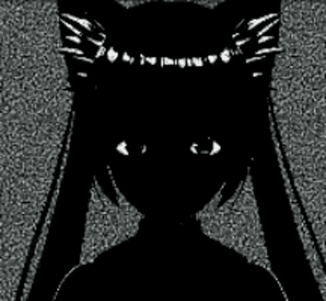 a black and white silhouette of a girl with cat ears and a crown on her head .