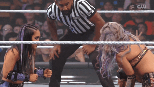 two women are wrestling in a ring with a referee and the words cw on the bottom