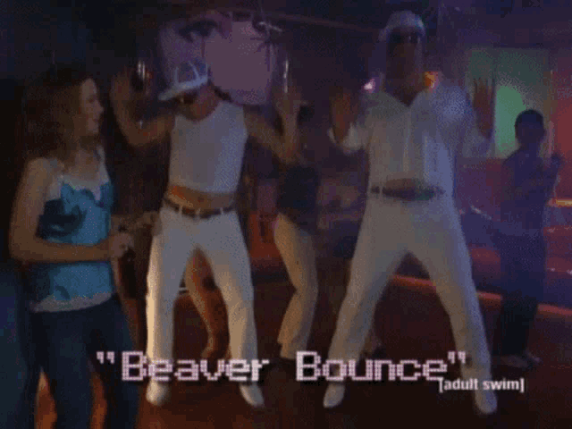a group of people are dancing in a dark room with the words " beaver bounce " on the screen