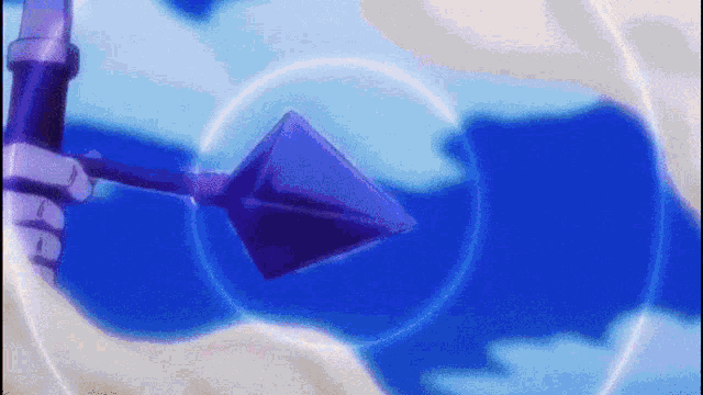 a purple arrow is flying through a blue circle in the sky .