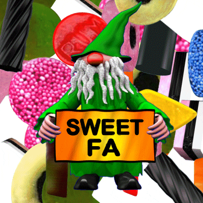 a gnome holding a sign that reads sweet fa