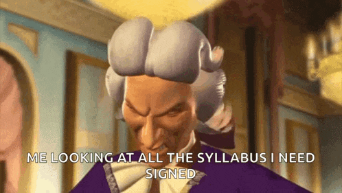a man in a wig is looking at all the syllabus i need signed