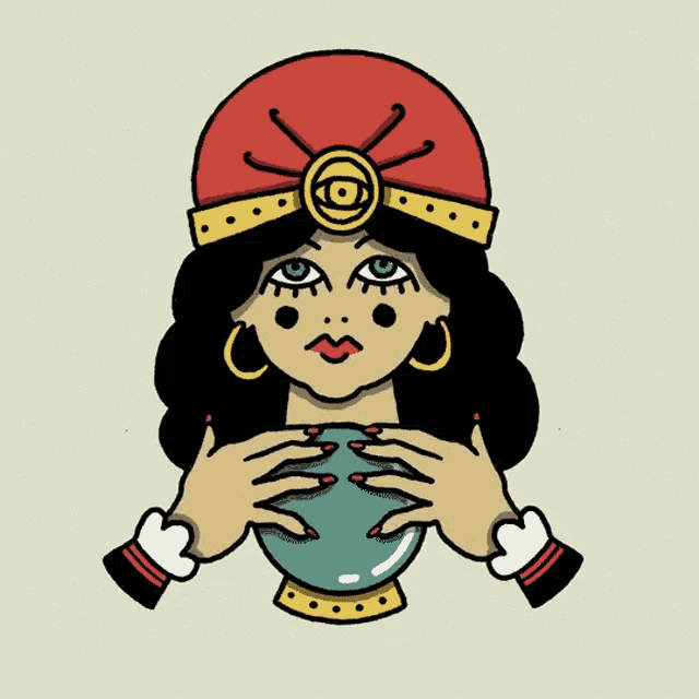 a cartoon illustration of a fortune teller holding a crystal ball in her hands