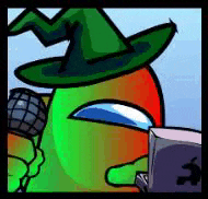 a green among us character wearing a green witch hat is holding a microphone and a laptop .