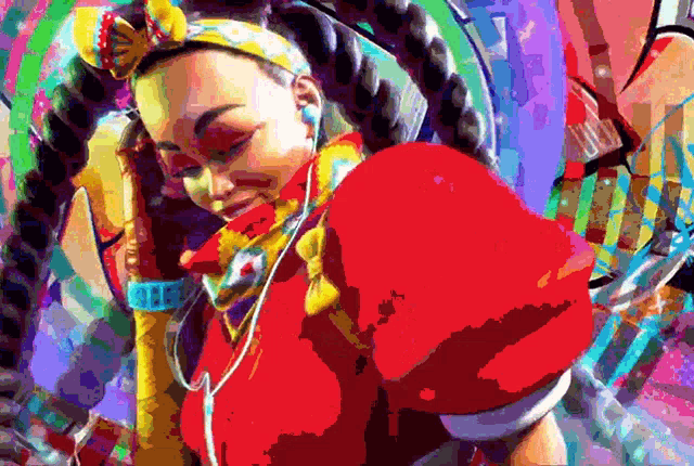 a colorful painting of a woman wearing headphones and a red top