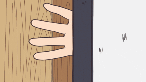 a cartoon drawing of a hand peeking out of a door