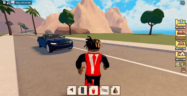 a screenshot of a video game shows a person wearing a v-neck and a car in the background