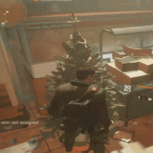 a man in a video game is standing in front of a christmas tree and a sign that says ' not assigned '