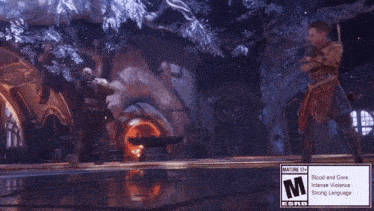 a man with horns is standing in a room with trees in the background