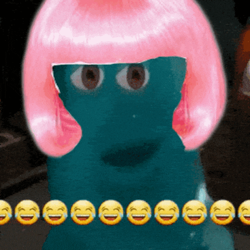 a blue monster with a pink wig is surrounded by laughing emojis