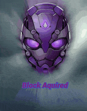 a purple robot head with the words block aquired written below it