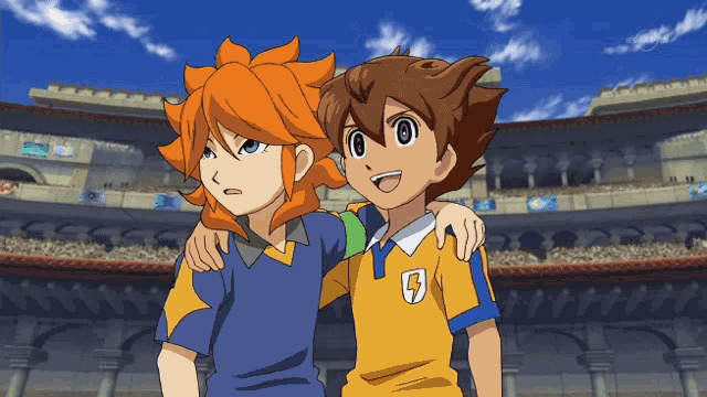 two anime characters are standing next to each other with one wearing a yellow shirt with a lightning bolt on it