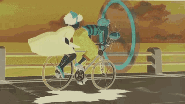 a cartoon of a person riding a bike with a blue circle in the background