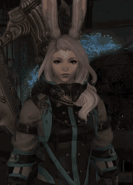 a woman with bunny ears is wearing a gray and blue outfit