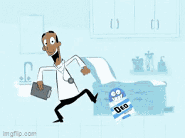 a cartoon of a doctor running away from a robot that says deo on it