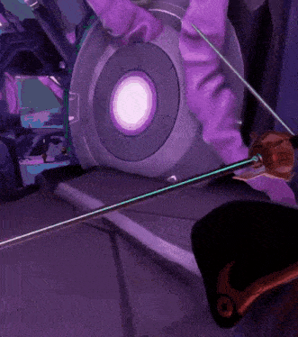 a person holding a sword in front of a purple circle