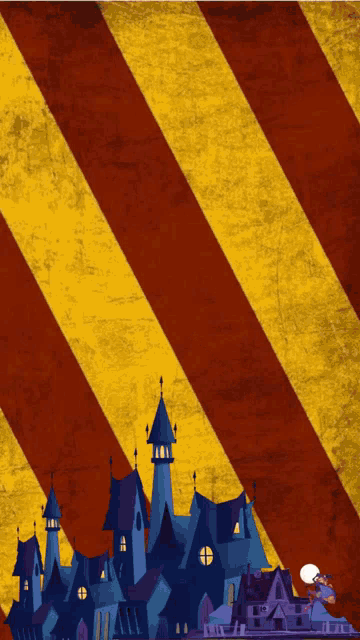 a yellow and red striped background with a castle on it