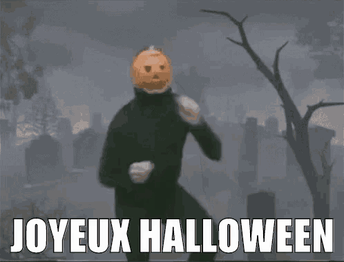 a man with a pumpkin on his head is dancing in a cemetery with the words joyeux halloween written below him .