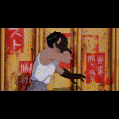 a pixelated image of a man standing in front of a yellow wall with chinese writing