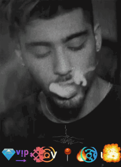 a black and white photo of a man smoking a cigarette with the word vip on the bottom left