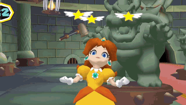 princess daisy stands in front of a statue of a monster