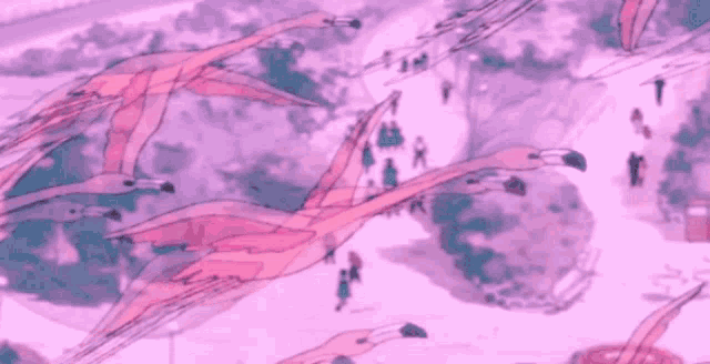 a flock of pink flamingos flying over a city