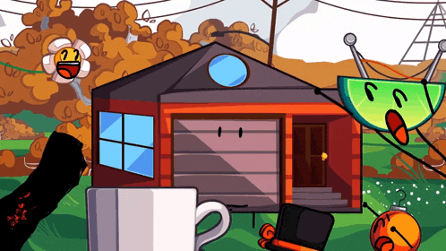 a cartoon drawing of a house surrounded by objects including a cup of coffee