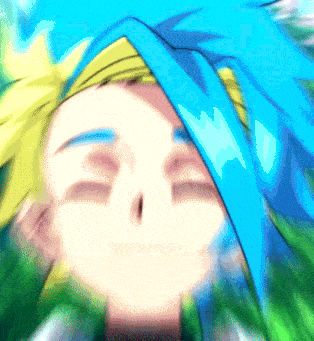 a close up of a person with blue hair and yellow hair