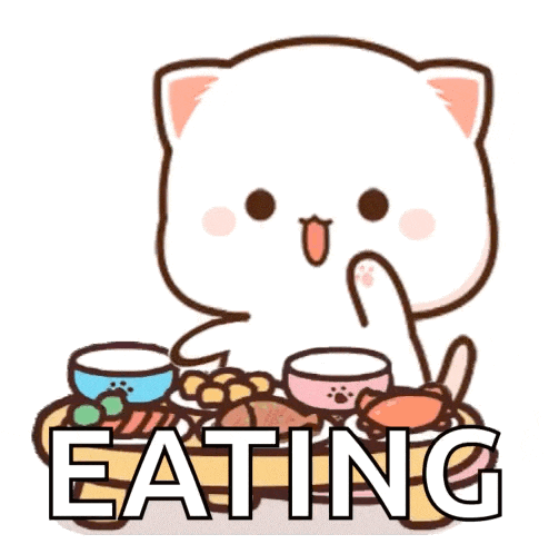 a cartoon cat is sitting at a table with bowls of food and the word eating written on it .