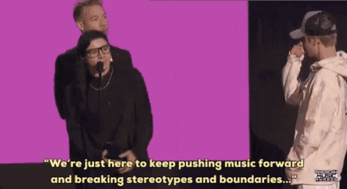 a purple background with the words " we 're just here to keep pushing music forward "