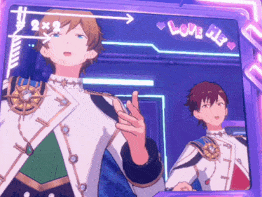 two anime characters are standing in front of a screen that says love me on it