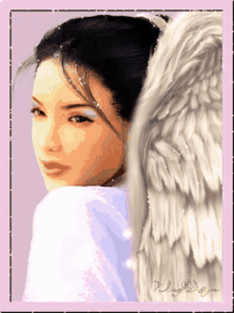 a picture of a woman with angel wings has a pink frame around her