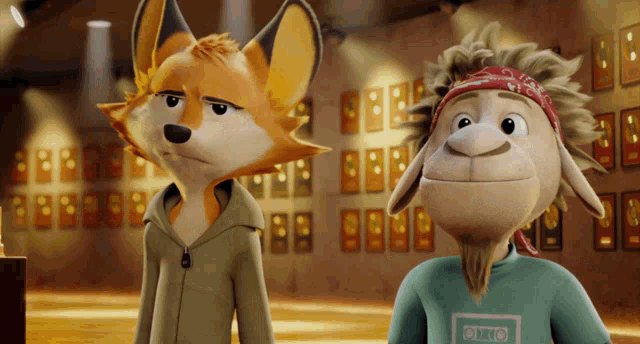 a fox and a goat are standing next to each other in front of a wall of awards