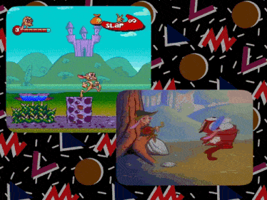 a video game screen shows a cartoon character named slap