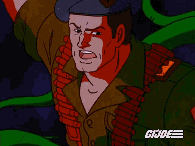 a cartoon of a man holding a knife with the word gi joe on the bottom right