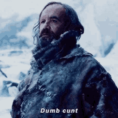 a man with a beard and a scarf around his neck is standing in the snow and says dumb cunt .