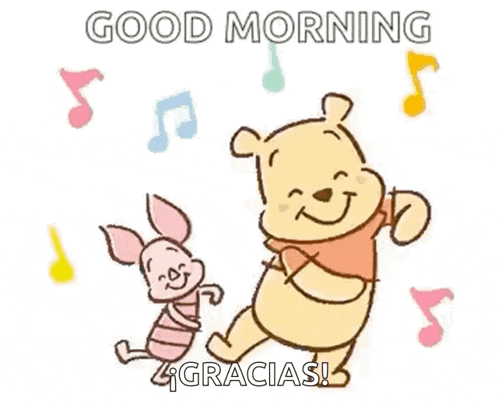 a cartoon of winnie the pooh and piglet dancing with music notes .