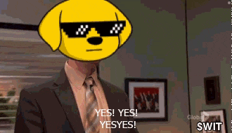 a man in a suit and tie with a dog head on his head says yes ! yes ! yes ! yes !