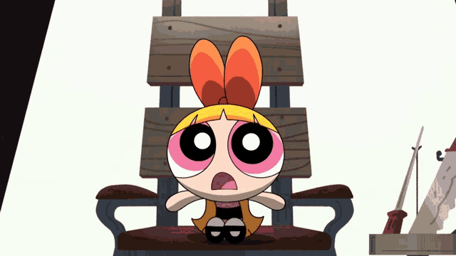 a cartoon character is sitting in a chair with a bow on her head