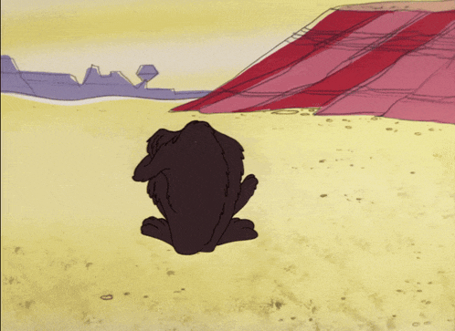 a cartoon drawing of a dog with a red roof in the background