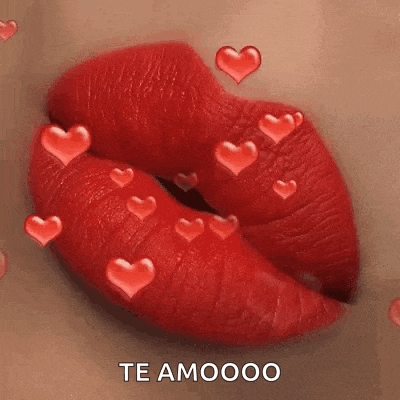 a close up of a woman 's lips with red lipstick and hearts flying around them .