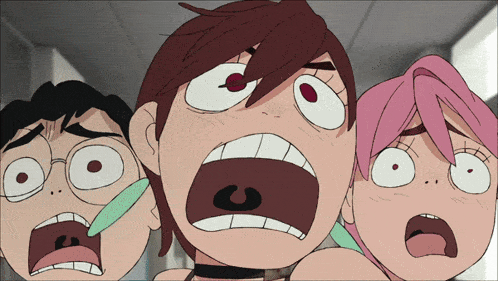 three cartoon characters are making funny faces with their mouths wide open