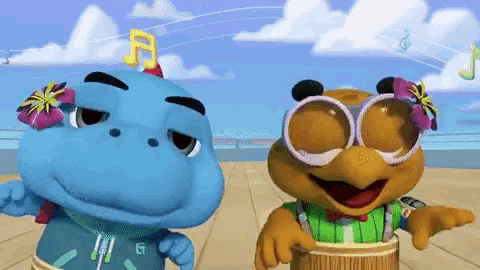 a cartoon hippo and a cartoon bird are standing next to each other on a beach