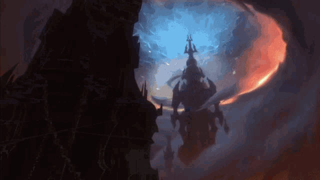 a painting of a castle in a dark cave