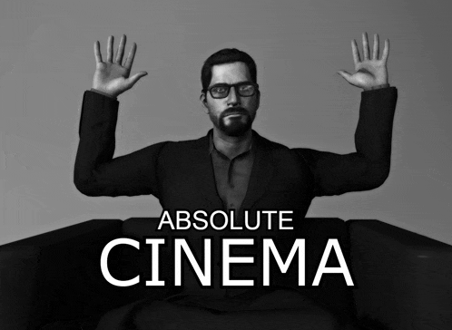 a man in a suit is sitting in a chair with his hands in the air and the words absolute cinema below him