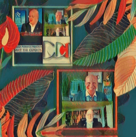 a painting of a man sitting in front of a sign that says meet the experts