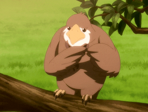 a cartoon bird is standing on a tree branch looking at the camera